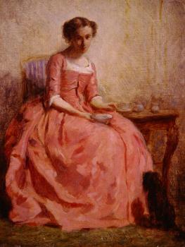Charles Chaplin : Girl in a pink dress reading with a dog